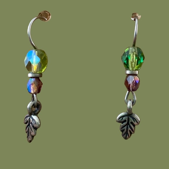 Handmade Beaded ad Silver Leaf Small Dangle Earrings. - Picture 2 of 8